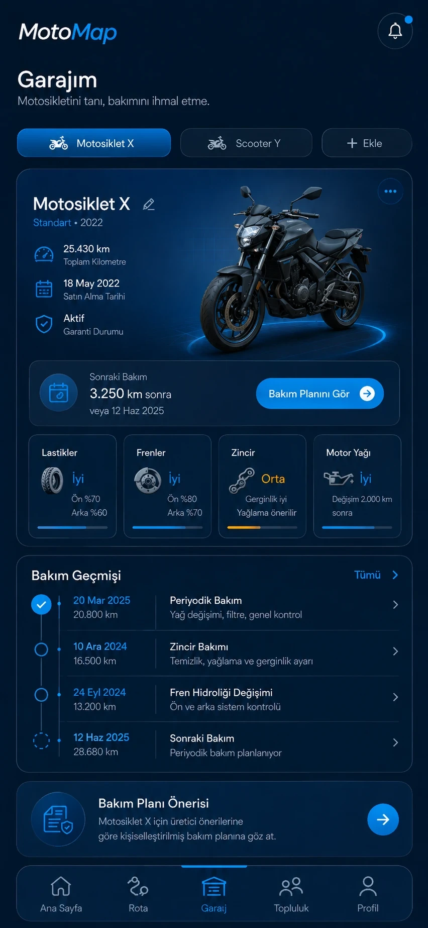 Garage ekranının konseptinde motosikletin kilometresi, lastik ve fren durumu, bakım geçmişi var.