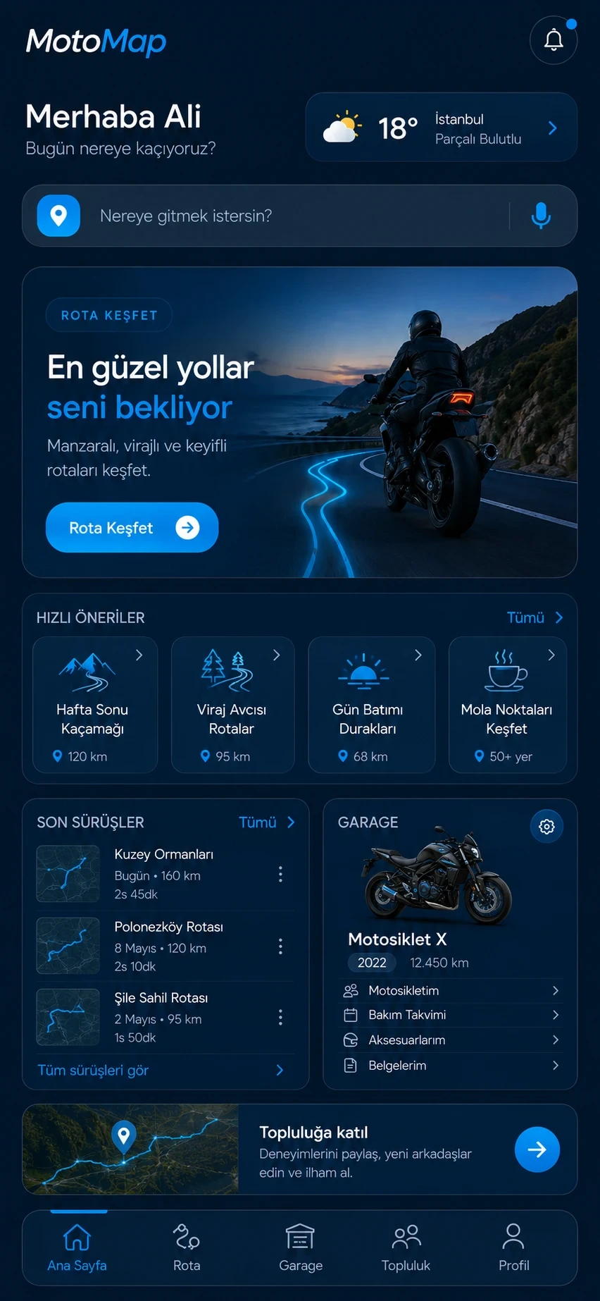 MotoMap ana ekranının konsept görüntüsü. Arama alanı, son sürüşler listesi ve kayıtlı motosikletin kartı.