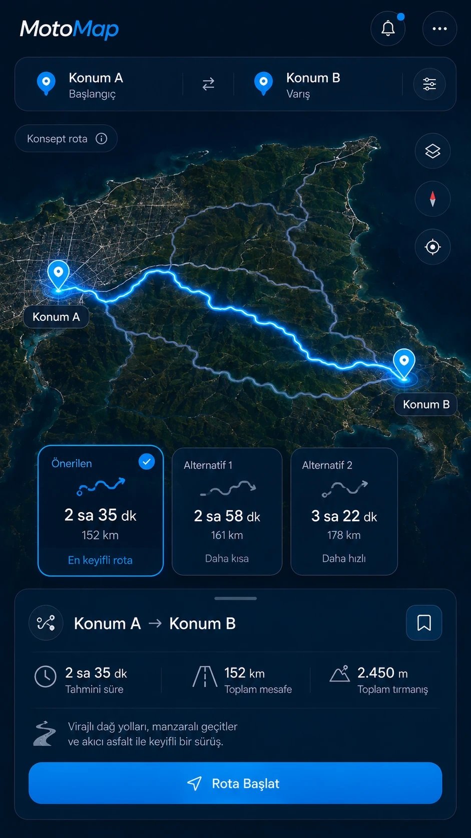 Konsept rota ekranı: haritada çizili bir rota, altında süre ve mesafesiyle üç alternatif.