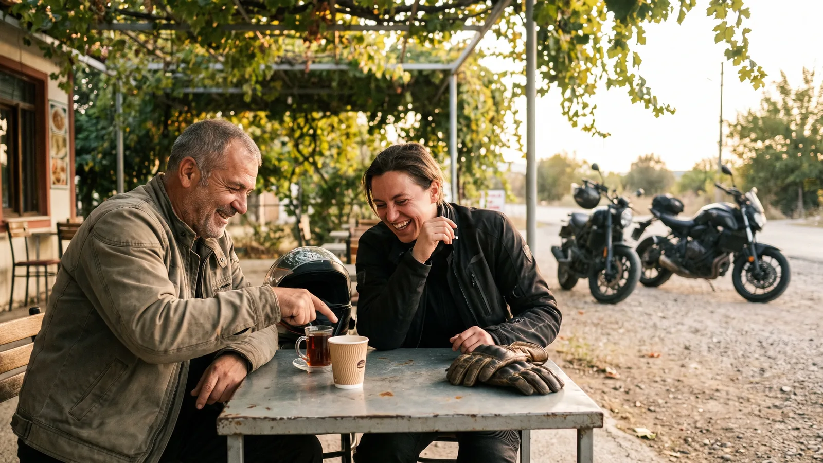 Yol kenarındaki bir çay bahçesinde iki motorcu gülüyor; masada çay bardağı, eldivenler ve bir kask, arkalarında iki motosiklet duruyor.