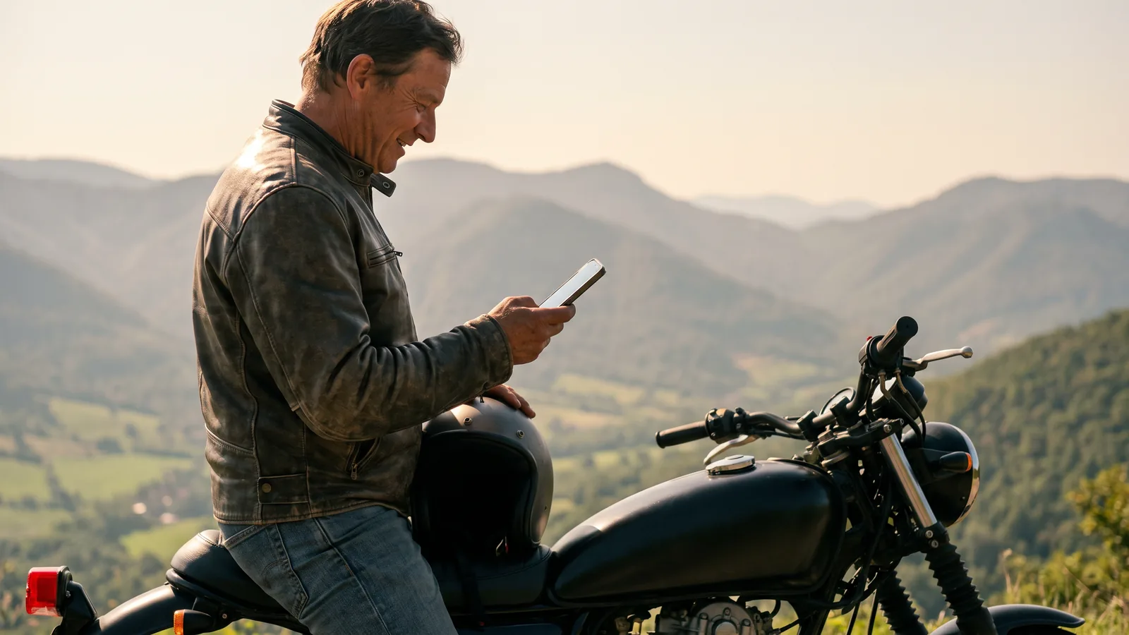 Tepede motosikletinin yanında duran bir sürücü telefonuna bakıyor; arkasında vadiler ve dağlar uzanıyor.